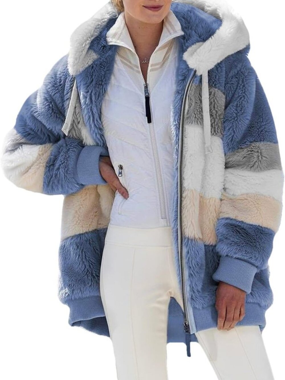 Cozy Women's Hooded Fuzzy Fleece Jacket | Color Block Cardigan with Pockets